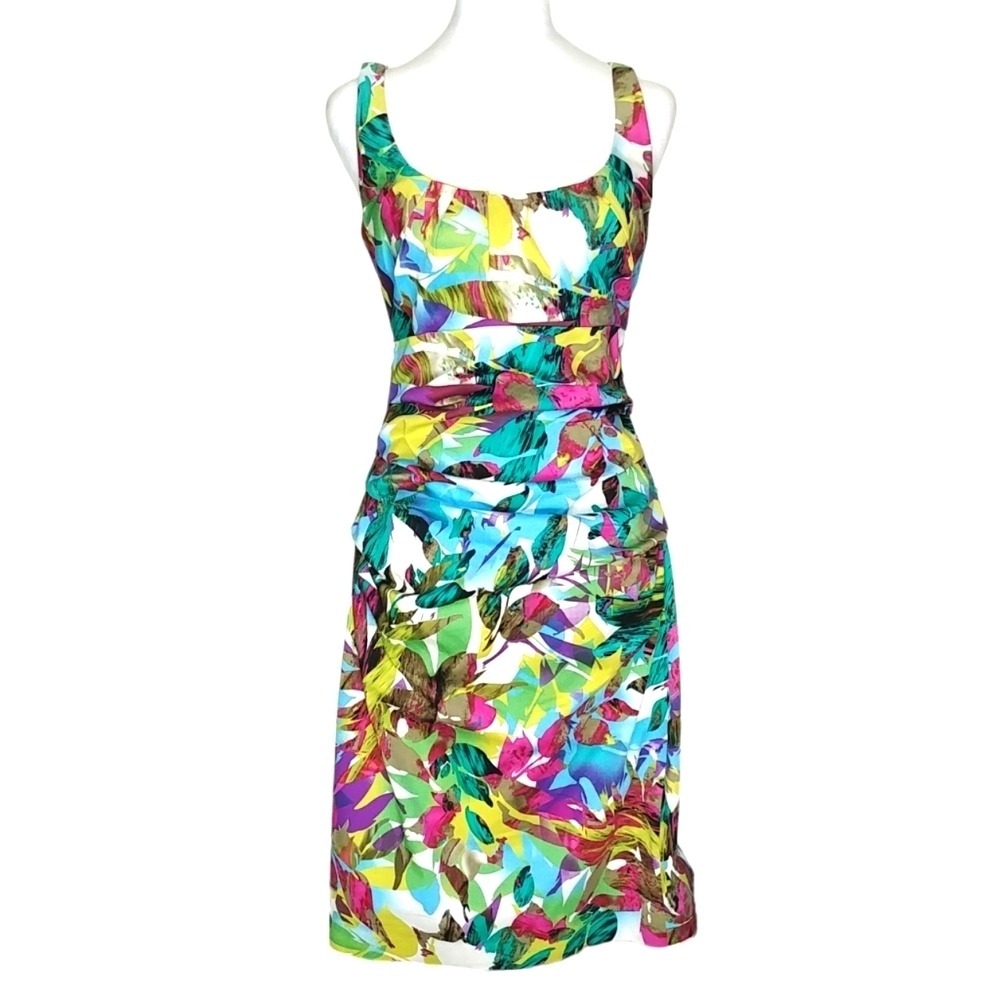 Suzi Chin for Maggy Boutique Sheath Dress Womens 6 Multicolor Abstract Ruched